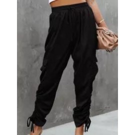 Casual Solid Tie Elastic Waist Pocket Trousers