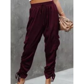 Casual Solid Tie Elastic Waist Pocket Trousers