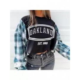 Women OAKLAND Plaid Patchwork Casual Sweatshirt