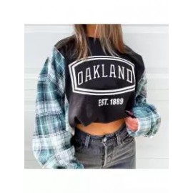 Women OAKLAND Plaid Patchwork Casual Sweatshirt