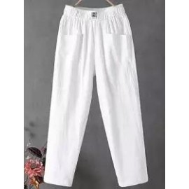 Casual Loose Solid Color Elastic Waist Straight Pants