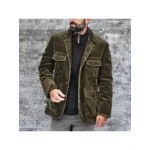 Mens Casual Retro Solid Color Multi-pocket Corduroy Jacket
