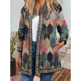 Round Neck Geometric Print Loose Casual Jacket