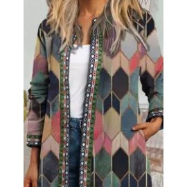 Round Neck Geometric Print Loose Casual Jacket