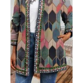 Round Neck Geometric Print Loose Casual Jacket