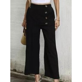 Casual Solid Color Button Wide-Leg Pants