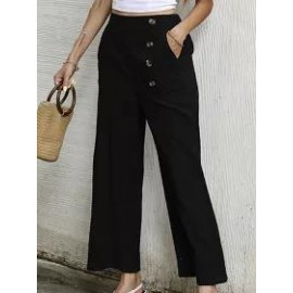 Casual Solid Color Button Wide-Leg Pants