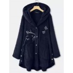 Casual Loose Cat Embroidered Hooded Cardigan Plush Coat