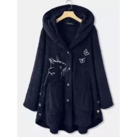 Casual Loose Cat Embroidered Hooded Cardigan Plush Coat