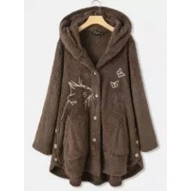 Casual Loose Cat Embroidered Hooded Cardigan Plush Coat