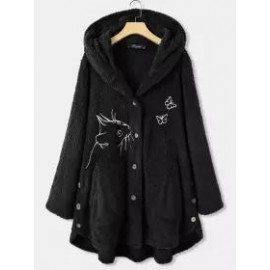 Casual Loose Cat Embroidered Hooded Cardigan Plush Coat