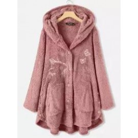 Casual Loose Cat Embroidered Hooded Cardigan Plush Coat