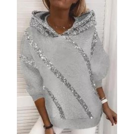 Loose Hooded Sequin Printed Sweatshirt