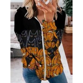 Casual Loose Cat Print Long-Sleeved Hooded Jacket