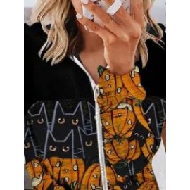 Casual Loose Cat Print Long-Sleeved Hooded Jacket