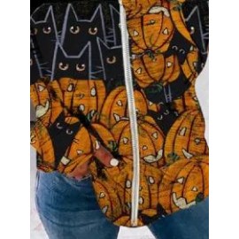 Casual Loose Cat Print Long-Sleeved Hooded Jacket