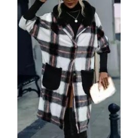 Loose Long Sleeve Striped Plush Hooded Panel Plaid Gold Mink Jacket