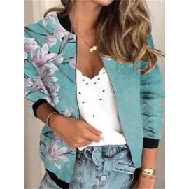Casual Floral Print Stand Collar Zip Long Sleeve Jacket