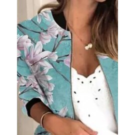 Casual Floral Print Stand Collar Zip Long Sleeve Jacket