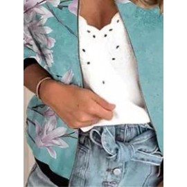 Casual Floral Print Stand Collar Zip Long Sleeve Jacket