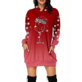 Christmas Print Long Sleeve Hooded Dress
