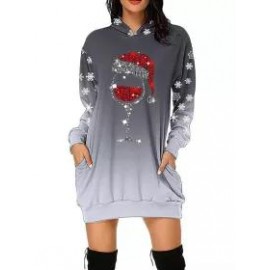 Christmas Print Long Sleeve Hooded Dress