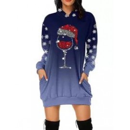 Christmas Print Long Sleeve Hooded Dress