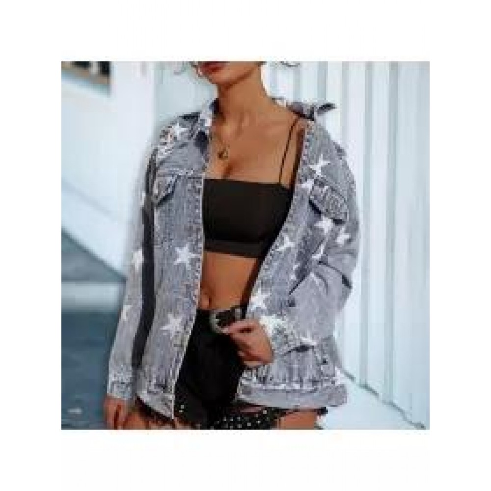 Street Trend Hip-hop Culture Hole Star Print Pattern Loose Personality Denim Jacket Top Street Trend Hip-hop Culture Hole Star Print Pattern Loose Personality Denim Jacket Top