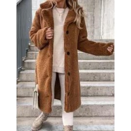 Loose Casual Solid Color Teddy Plush Long Sleeve Lapel Coat