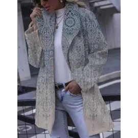 Casual Loose Vintage Print Wool Cardigan Coat