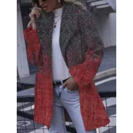 Casual Loose Vintage Print Wool Cardigan Coat