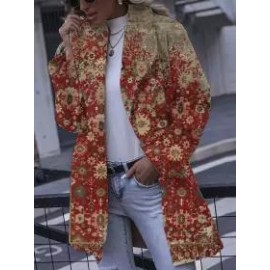 Casual Loose Vintage Print Wool Cardigan Coat