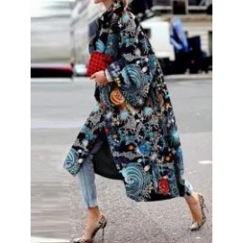 Long Flared Sleeve Printed Loose Coat