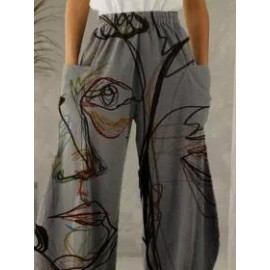 Ladies Abstract Face Print Casual Pants