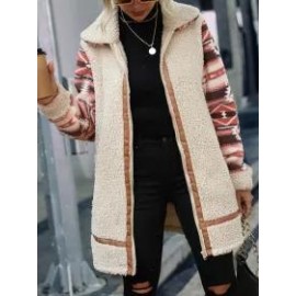 Casual Vintage Colorblock Print Lapel Plush Coat