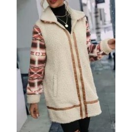 Casual Vintage Colorblock Print Lapel Plush Coat