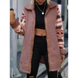 Casual Vintage Colorblock Print Lapel Plush Coat