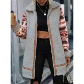 Casual Vintage Colorblock Print Lapel Plush Coat