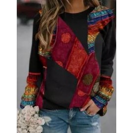 Retro Print Round Neck Long Sleeve Sweater