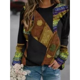 Retro Print Round Neck Long Sleeve Sweater