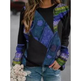 Retro Print Round Neck Long Sleeve Sweater