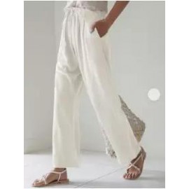 casual women's plain straight legs elastic waist cotton linen pants