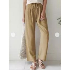 casual women's plain straight legs elastic waist cotton linen pants