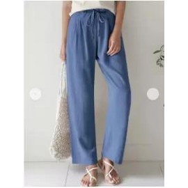 casual women's plain straight legs elastic waist cotton linen pants
