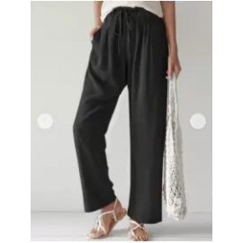 casual women's plain straight legs elastic waist cotton linen pants