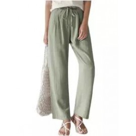 casual women's plain straight legs elastic waist cotton linen pants