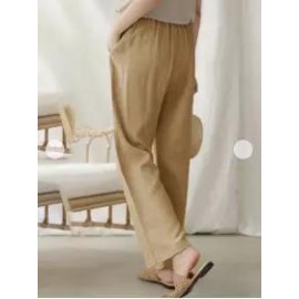 casual women's plain straight legs elastic waist cotton linen pants