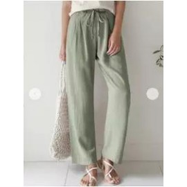 casual women's plain straight legs elastic waist cotton linen pants