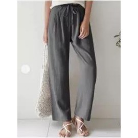 casual women's plain straight legs elastic waist cotton linen pants