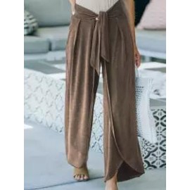 Solid Color Mid-Waist Tie-Split Wide-Leg Trousers